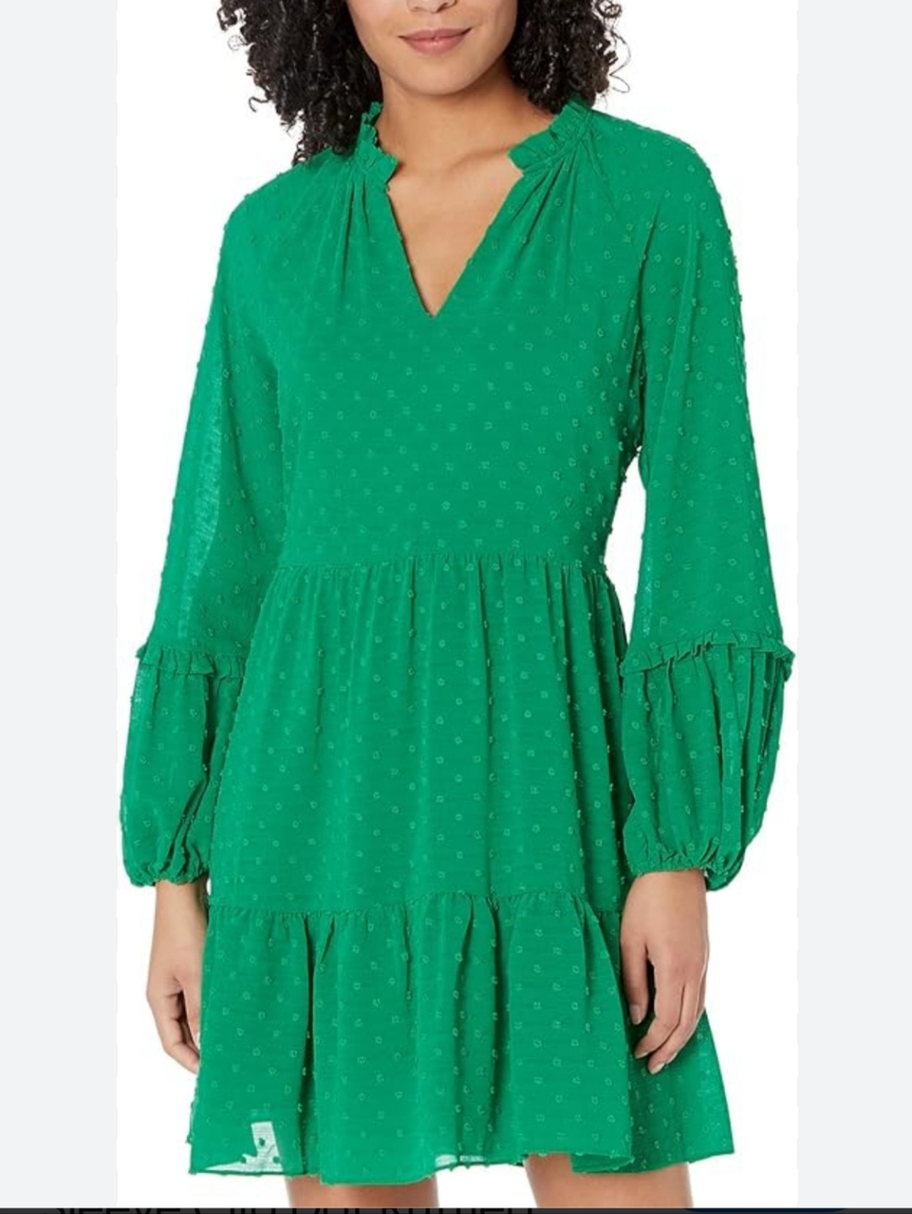 Dres Color Green Ruffles CeCe  Women Long Sleeve V Neck Size Small Excellent Con